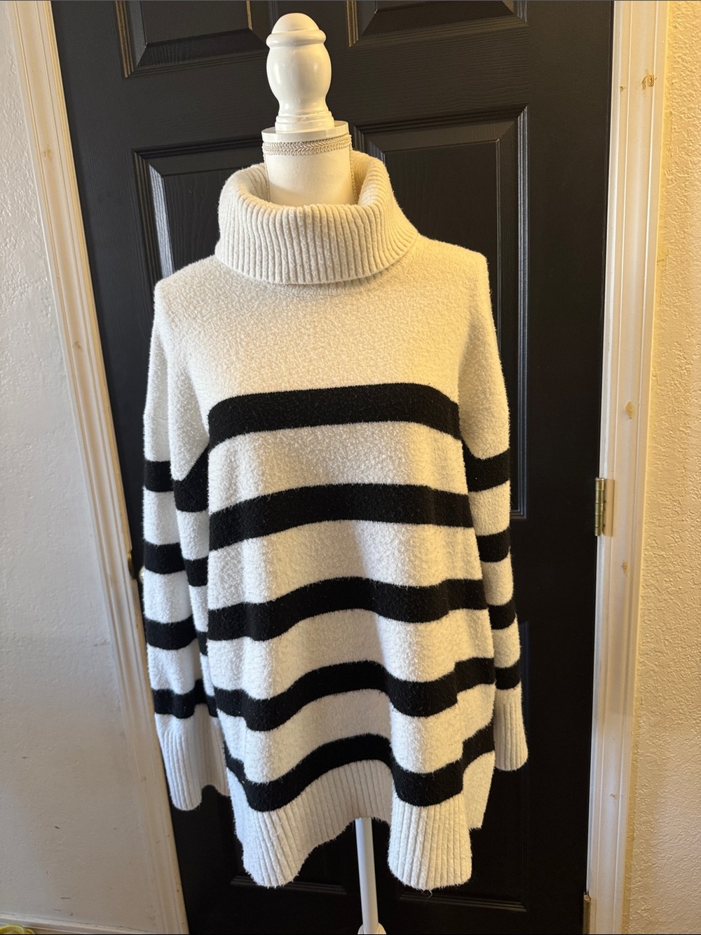 Nine West Cream and Black Striped Turtleneck Sweater